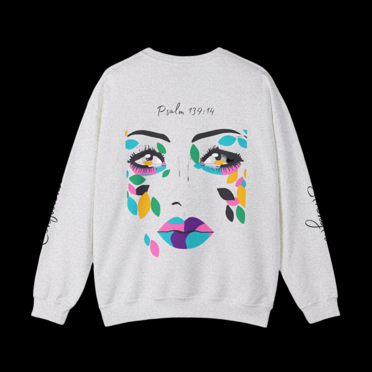 "More Than Meets the Eye" Unisex Heavy Blend™ Crewneck Sweatshirt with Psalm 139:14 and Empowering Sleeve Accents