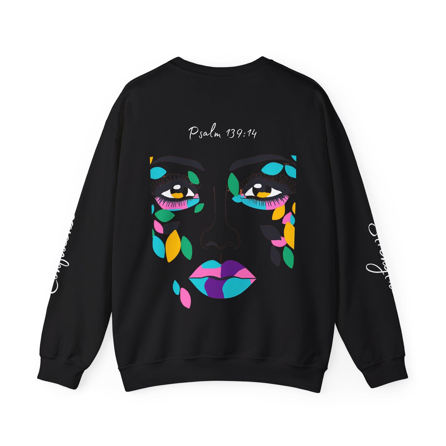 "More Than Meets the Eye" Unisex Heavy Blend™ Crewneck Sweatshirt with Psalm 139:14 and Empowering Sleeve Accents