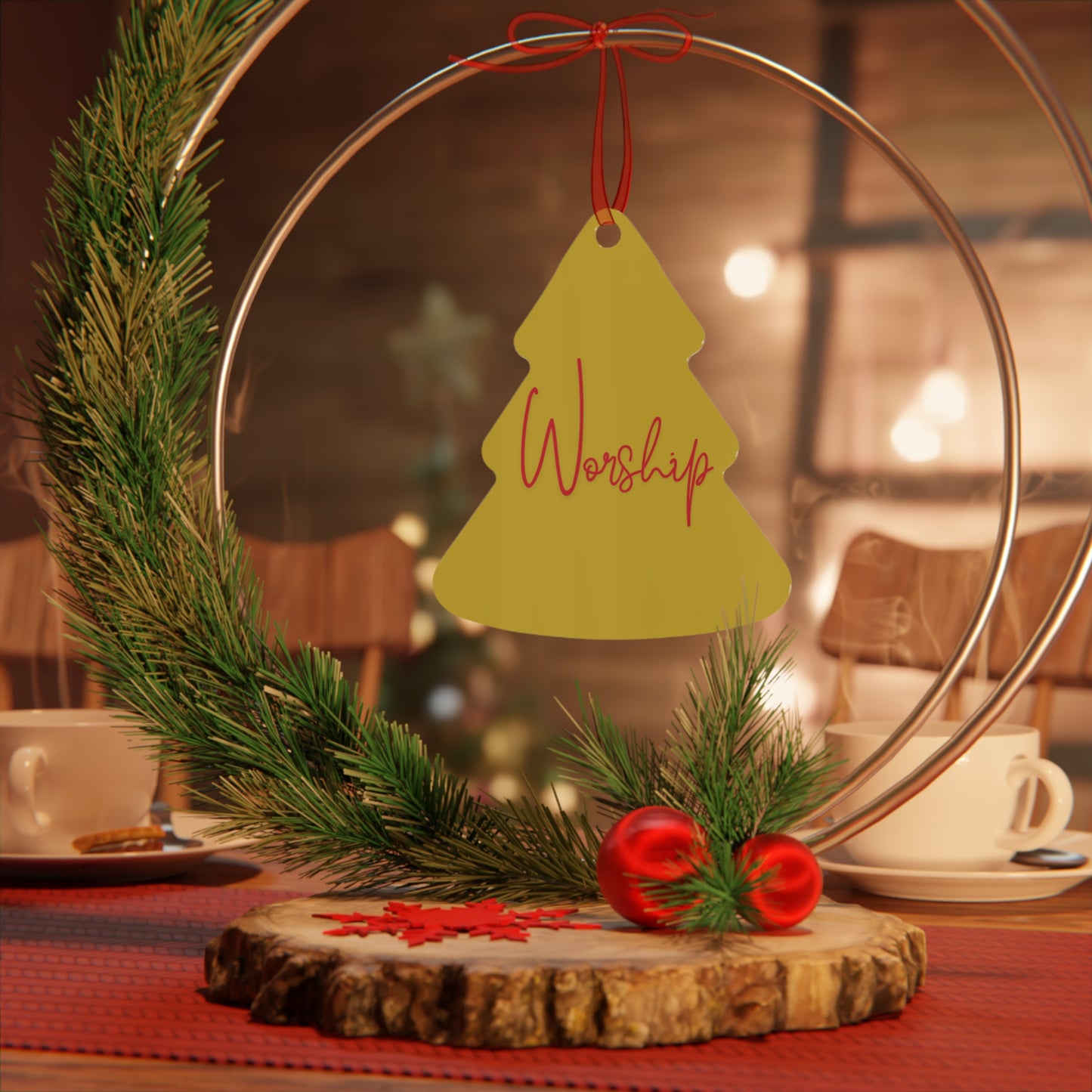 "Worship" Metal Christmas Ornament with John 4:24 – Christian Faith-Based Holiday Décor