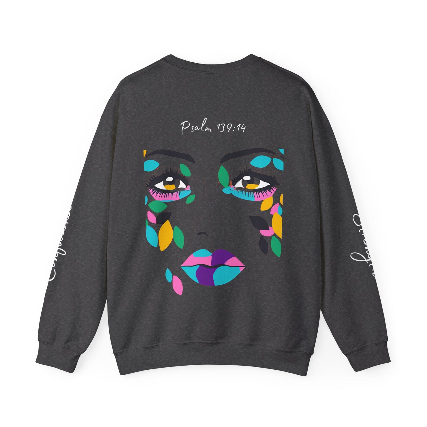 "More Than Meets the Eye" Unisex Heavy Blend™ Crewneck Sweatshirt with Psalm 139:14 and Empowering Sleeve Accents