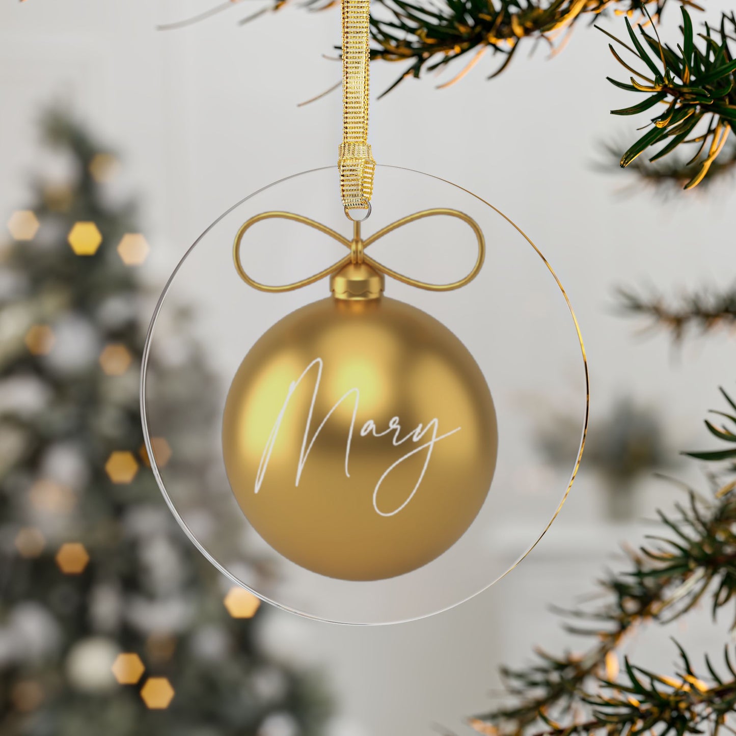 Personalized Acrylic Gold Ball Christmas Ornament with Custom Name in White