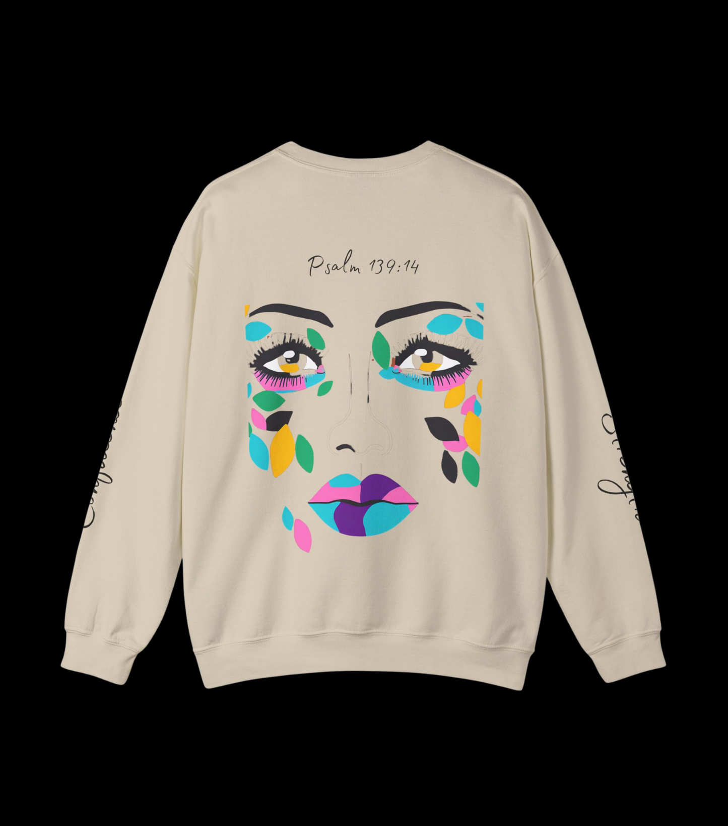 "More Than Meets the Eye" Unisex Heavy Blend™ Crewneck Sweatshirt with Psalm 139:14 and Empowering Sleeve Accents
