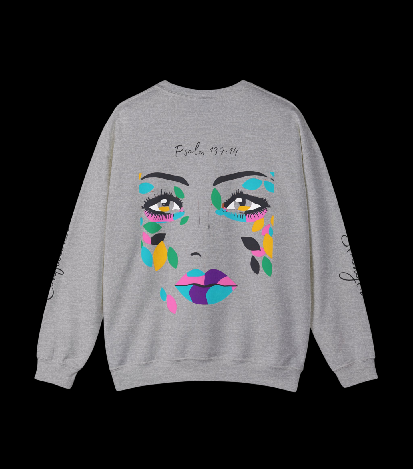 "More Than Meets the Eye" Unisex Heavy Blend™ Crewneck Sweatshirt with Psalm 139:14 and Empowering Sleeve Accents