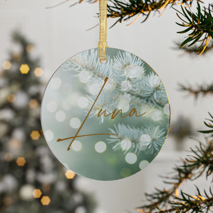 Custom Name Acrylic Christmas Ornament Featuring Elegant Evergreen Forest with Twinkling Lights