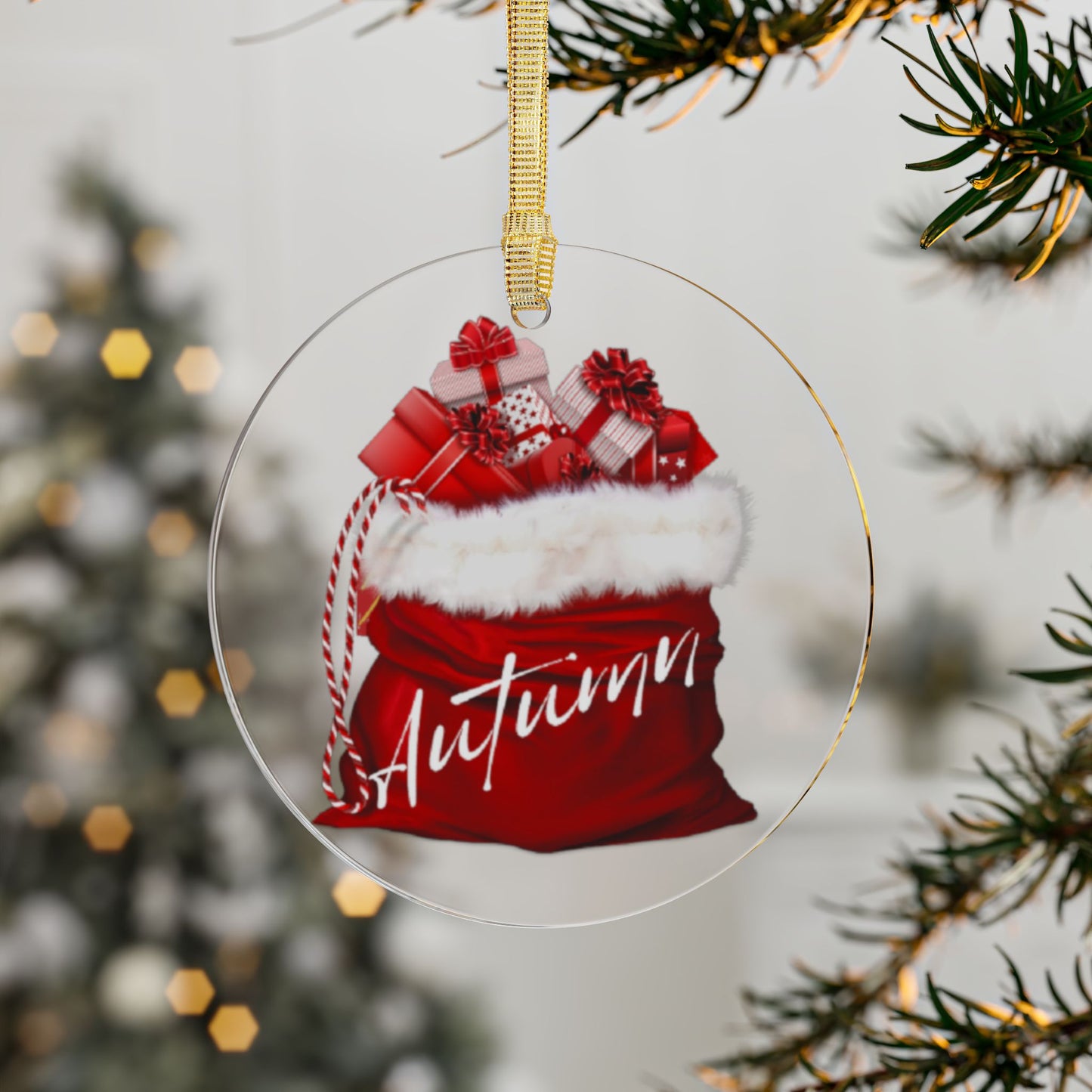 Personalized Acrylic Christmas Ornament Featuring Santa Sack Design with Custom Name