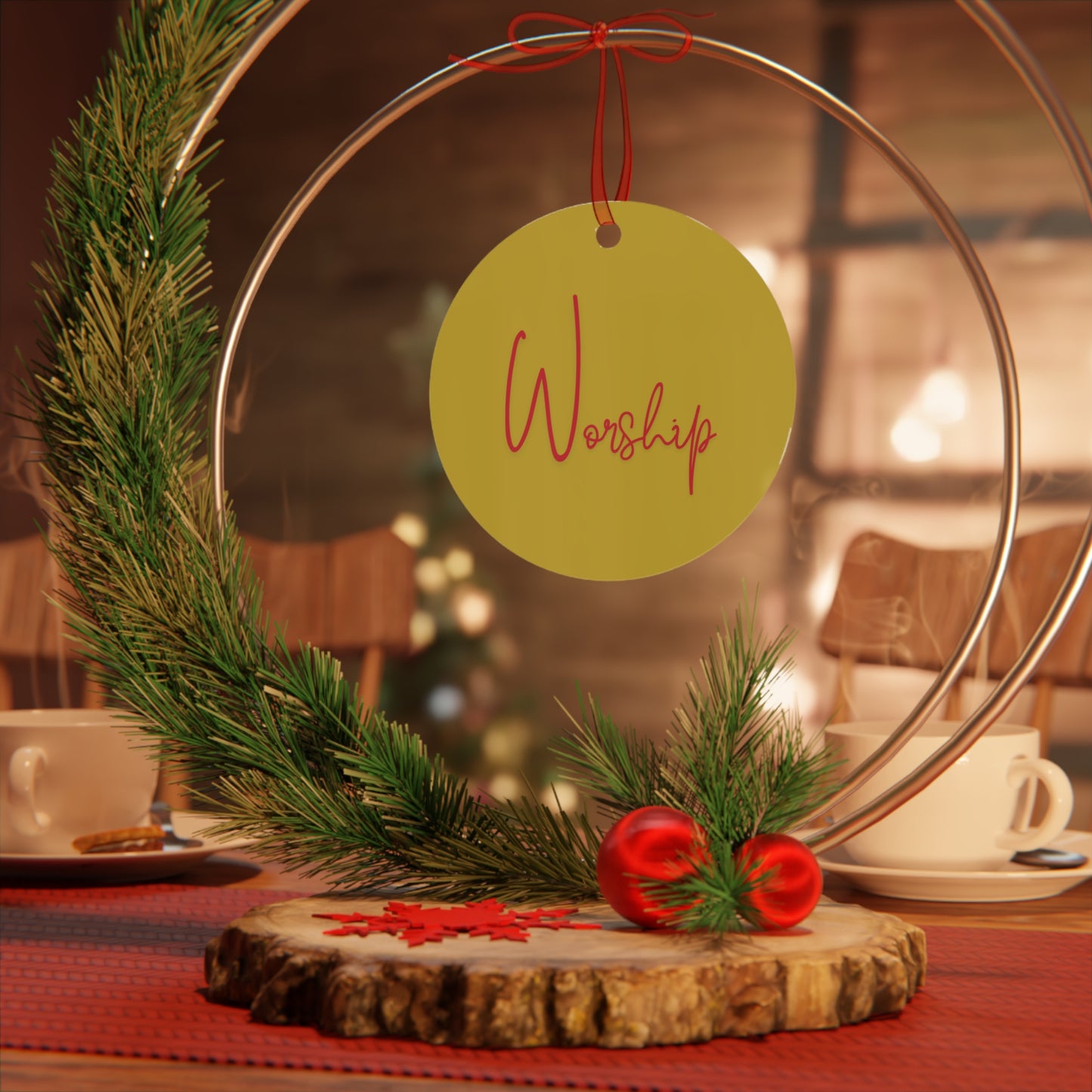 "Worship" Metal Christmas Ornament with John 4:24 – Christian Faith-Based Holiday Décor