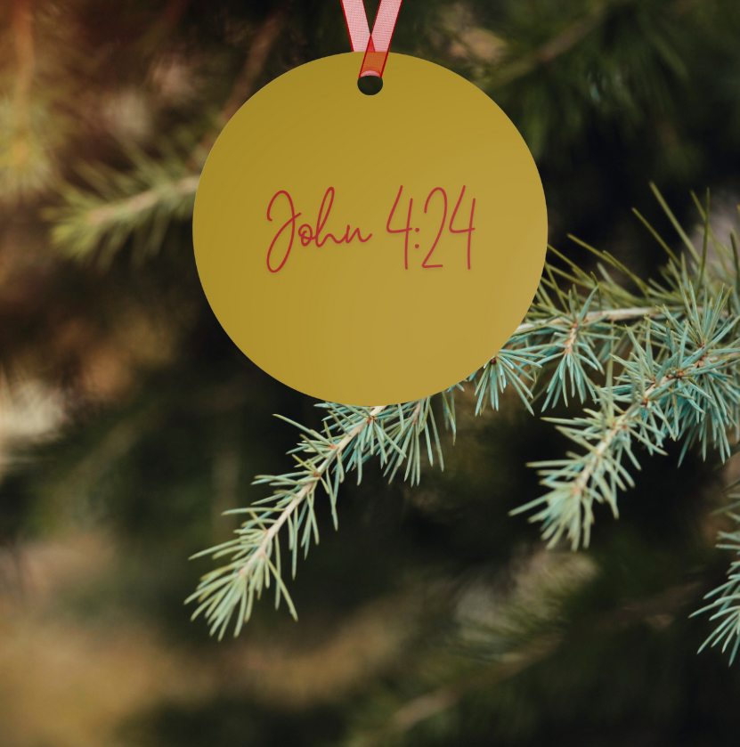 "Worship" Metal Christmas Ornament with John 4:24 – Christian Faith-Based Holiday Décor