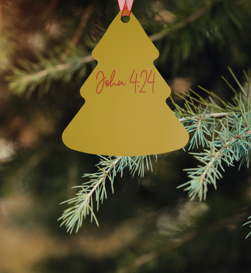 "Worship" Metal Christmas Ornament with John 4:24 – Christian Faith-Based Holiday Décor