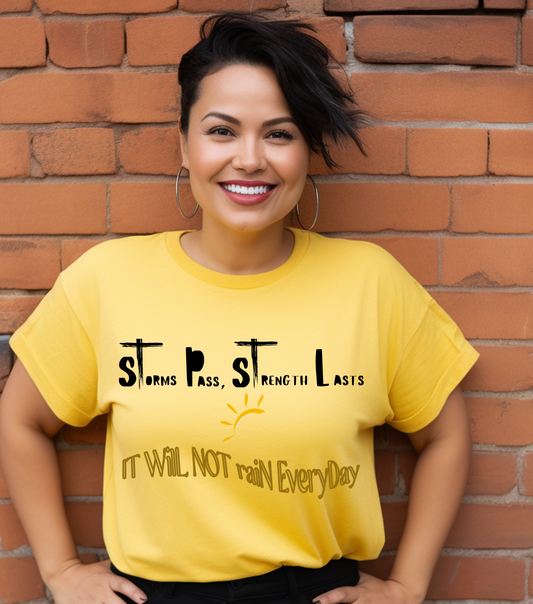 Empowering Unisex Tee: 'Storms Pass, Strength Lasts' - Inspirational Cross with Sun Detail